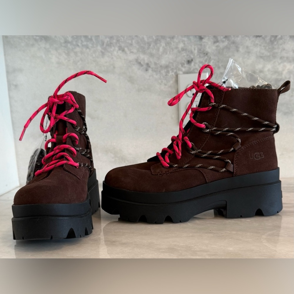 UGG  Brisbane Lace Up Waterproof Suede Boots with Pink & Brown Laces • 10 • NWT